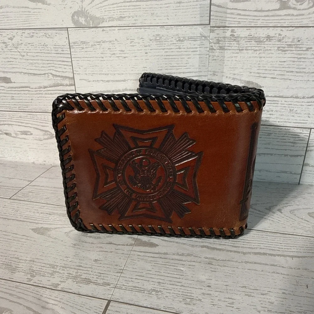 VTG Bifold Leather Wallet Hand Tooled Whipstitch USA Made VFW Veteran Military